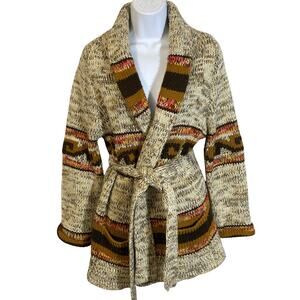Vintage Knit Cardigan Duster Aztec Inspired Belted w/ Pockets Southwestern Sz S